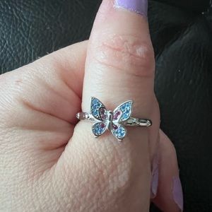 Sterling Silver Plated Butterfly Ring Size 6, Blue & Pink Crystal Detail